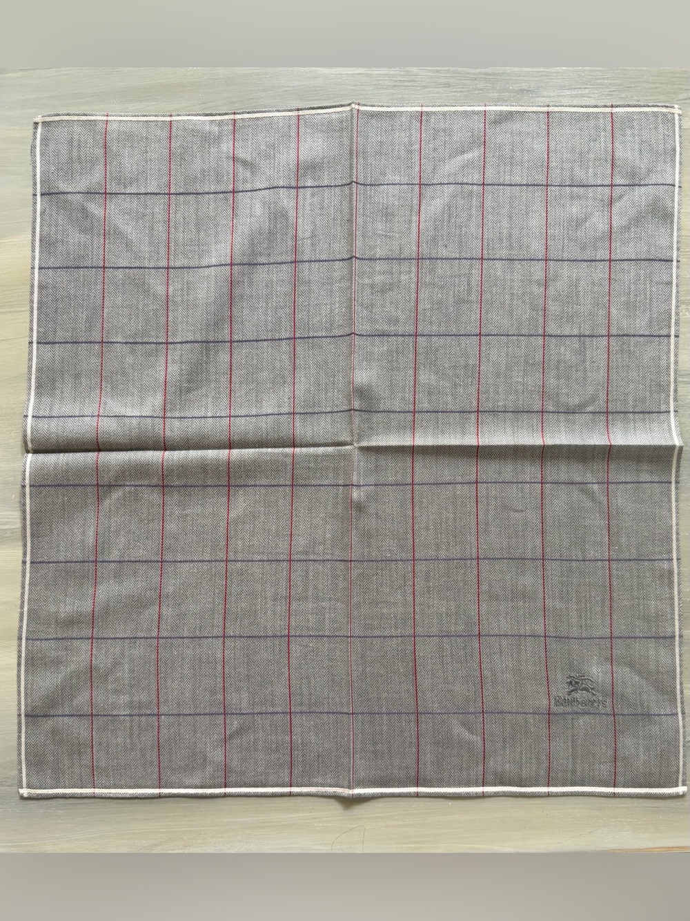Burberry’s Grey Windowpane Herringbone Pocket Square with Red Purple & Blue Line - Picture 3 of 13